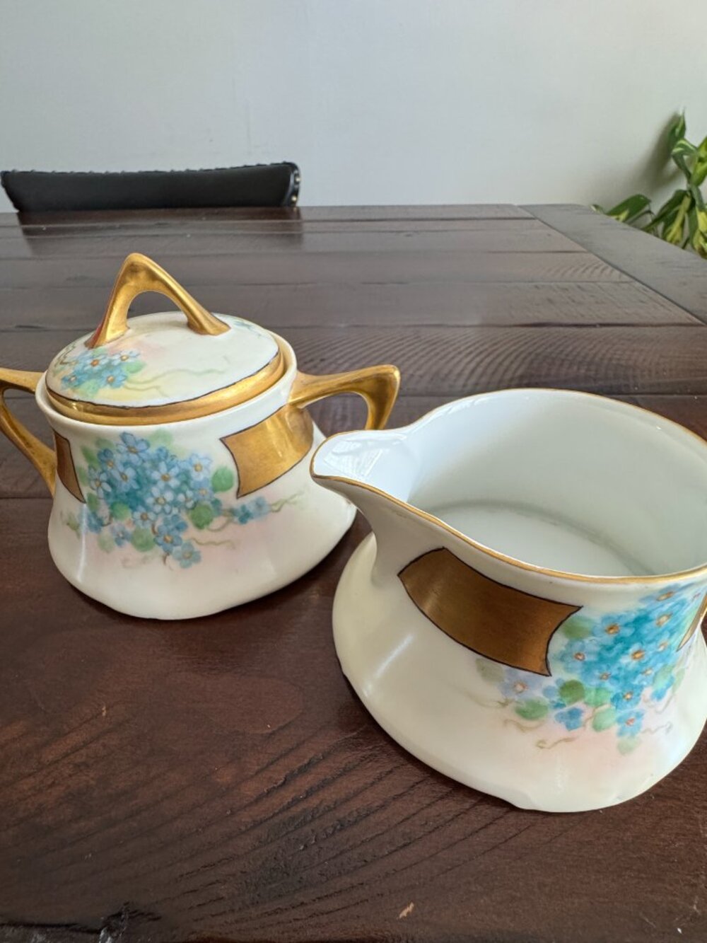 Vintage Hand Painted Porcelain Creamer Sugar Bowl Set Blue Floral Gold Trim